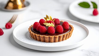 chocolate tart with fresh raspberries and gold leaf, 