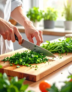 herbs, cutting board, knife, vegetables being chopped, home cooking 