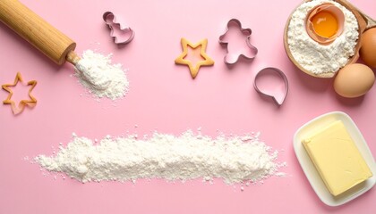 rolling pin, cookie cutters, butter arranged on pastel pink background,  