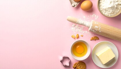 rolling pin, cookie cutters, butter arranged on pastel pink background,  