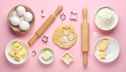 rolling pin, cookie cutters, butter arranged on pastel pink background,  
