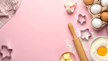 rolling pin, cookie cutters, butter arranged on pastel pink background,  