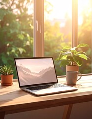 Fototapeta premium wooden table, houseplant, coffee, window with natural 