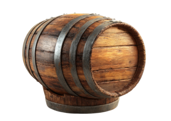 Wooden barrel with metal bands, slightly angled, isolated on black