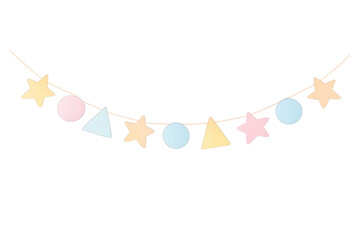 Pastel garland with stars, circles, triangles creating a joyful celebration banner on transparent background