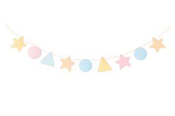 Pastel garland with stars, circles, triangles creating a joyful celebration banner on transparent background