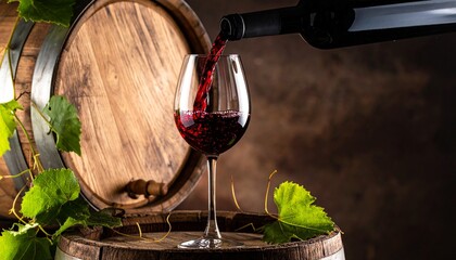 pouring into crystal glass, dark moody lighting, wooden barrel background, 