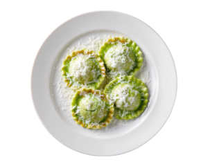 Four green ravioli on white plate, topped with grated cheese, overhead view