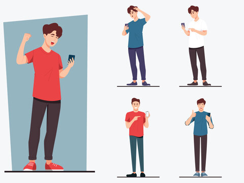Set of Young Men Using Smartphone in Different Poses