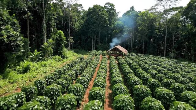 Lush Green Coffee Plantation Rows and a Rustic Hut in Dense Forest Landscape Scenery Rural Agriculture Cultivation on