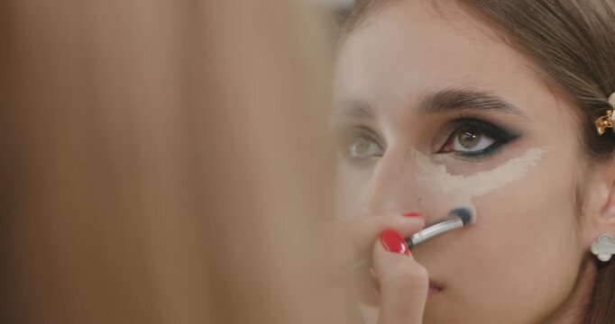 Close-up shot of a makeup artist applying concealer under the client eyes with a brush. Dramatic makeup.