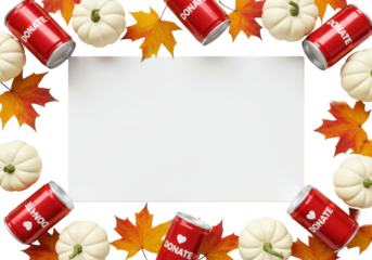 Photorealistic flat lay of white pumpkins, autumn maple leaves, and red 'DONATE' cans forming a decorative border around central white copy space on transparent, concept of autumn generosity