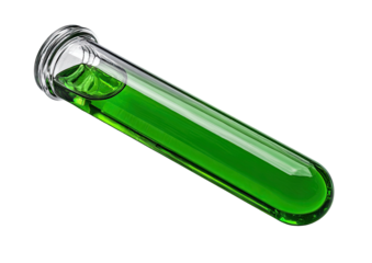 Tilted test tube filled with bright green liquid against a black backdrop