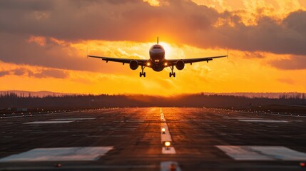 Fototapeta premium Traffic at airport at golden sunset. Wide shot of passenger airplane taking off from runway.