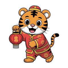 Cute Tiger Cartoon Wearing Traditional Outfit Holding Red Lantern, Chinese New Year Festival Animal Character Illustration Isolated on Transparent Background