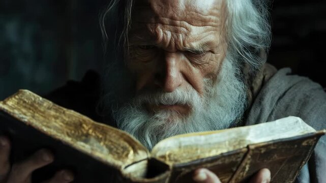 Bearded old wizard with serious expression studying ancient scroll.