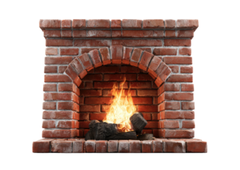 Brick fireplace with roaring fire. Traditional hearth for warm comfort