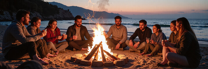 People gathered around bonfire on beach, holding drinks, firelight on faces,The glow of fire unites people in pure nighttime joy.