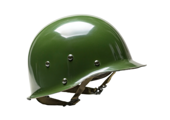 Olive drab helmet with chin strap isolated on black background, shiny