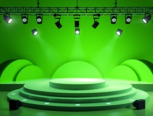 Empty green stage with spotlights and circular platform for presentation