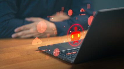 Cybersecurity concept of AI bot error or system failure. Red warning icons and sad robot hologram on laptop screen representing technical glitch, data breach, and malware attack.