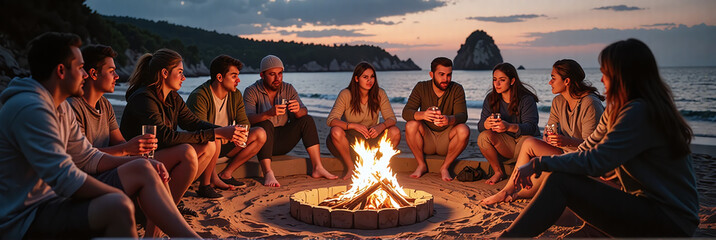 People gathered around bonfire on beach, holding drinks, firelight on faces,The glow of fire unites people in pure nighttime joy.