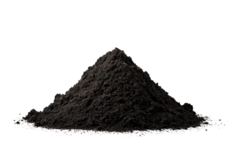 Dark heap of fine dirt, powder, or earth on a black background in direct lighting