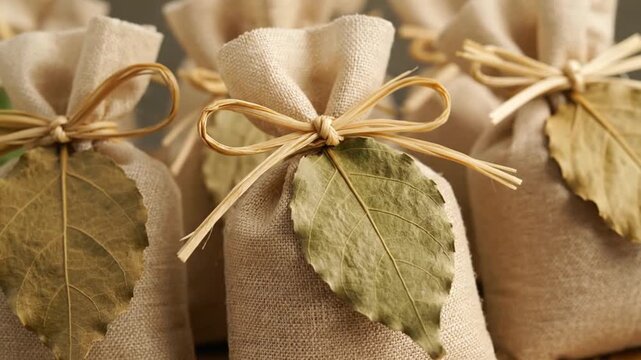 Rustic Favor Bags with Green Leaves and Twine Ties: Wedding Rustic Elegance and Natural Style in Soft Light Arrangement
