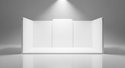 Fototapeta premium A clean, empty white exhibition booth illuminated by a single spotlight, ready for a trade show or display.
