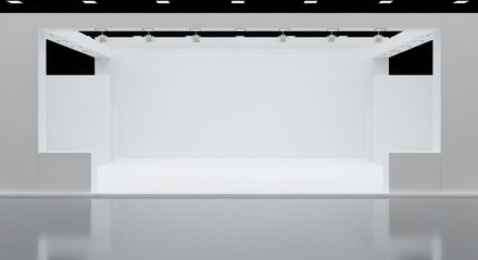 Modern minimalist white stage with bright spotlights and reflective floor, ideal for presentations or product displays.