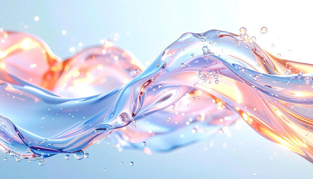 光をまとって流れる透明な水の抽象表現。クリーンで幻想的な背景。Abstract Flowing Water with Light Reflections Clean and Dreamy Background.