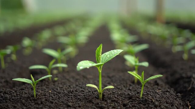 Seedling Growing in Rows on Dark Soil Sprouting New Life in a Greenhouse Environment With Natural Light and Shallow