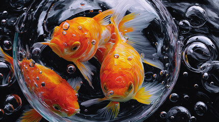 Colorful goldfish swim gracefully in bubble filled environment showcasing their beauty in vibrant underwater scene