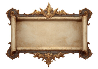 Ornate scroll frame weathered parchment, gold trim, decorative curls, dark bg