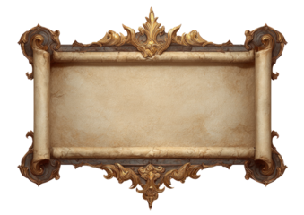 Ornate scroll frame weathered parchment, gold trim, decorative curls, dark bg