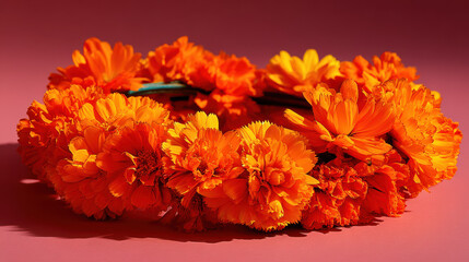 Bright orange flowers create stunning floral crown that captures essence of nature beauty and joy. This vibrant piece radiates warmth and charm