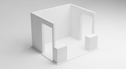 Fototapeta premium A minimalist white 3D rendered architectural model of an open room with two doorways and pedestals on a white background.