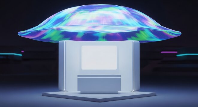 Vibrant, glowing disc object with psychedelic patterns hovering above a sleek white pedestal in a dark, futuristic environment. - Powered by Adobe