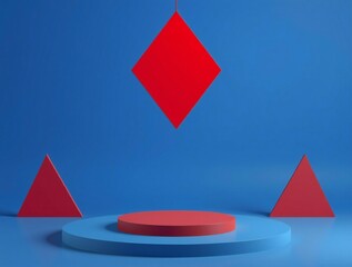 Abstract geometric composition with red shapes on a blue background