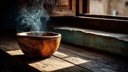 Wooden bowl sits on rustic table in village home, releasing gentle smoke in morning light, creating serene ritual atmosphere