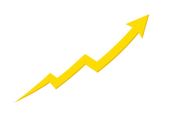 Yellow arrow moving upwards indicating financial market growth, business success, increasing profits, and economic improvement