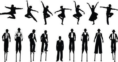 People silhouettes in dynamic poses and costumes, black vector illustration set showing dancers, performers and characters, creative movement, lifestyle and artistic expression concept