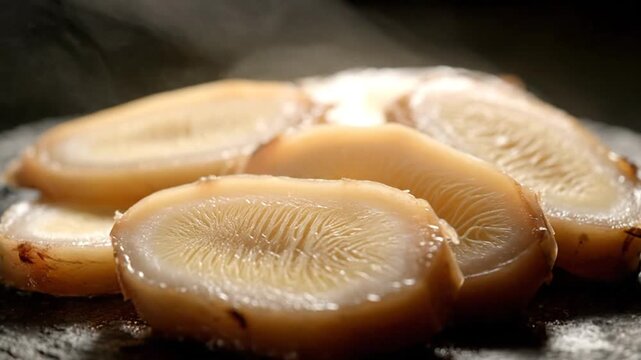 Steaming Sliced Galangal Roots on Slate Background With Visible Texture and Aroma Perfect for Asian Cuisine and Herbal