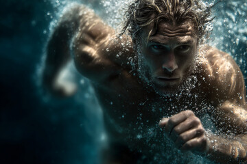 Handsome muscular man swimming underwater with intense focus and dynamic motion captured in sports photography style