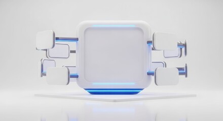 Abstract representation of a futuristic data processing unit with interconnected modules and glowing blue accents on a white background.