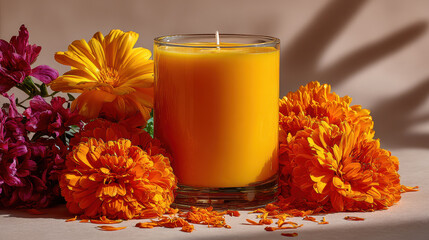 Bright and vibrant interfaith celebration features orange candle surrounded by beautiful indian marigold flowers creating warm atmosphere
