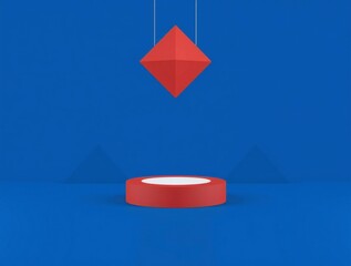 Red geometric diamond shape suspended above a circular platform