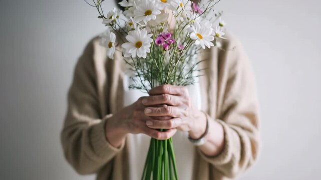 野花の花束を胸に両手で持つ高齢女性、室内ポートレート