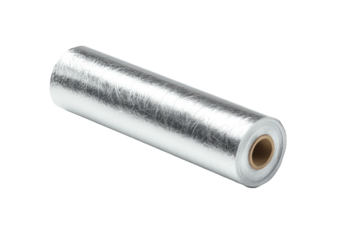 Roll of silver, foil-like material showing an interior cardboard core on black