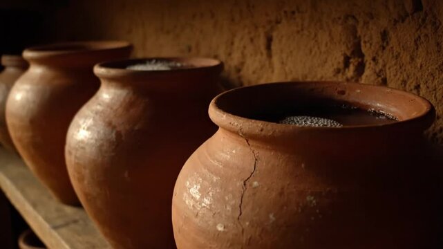 Traditional Clay Pots Arranged on Wooden Shelf Against Earthen Wall Under Dim Light, Rustic Pottery For Water Storage